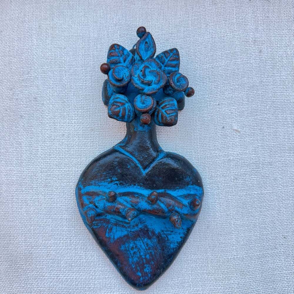 Mexican Folk Art Clay Sacred Heart Wall Hanging Blue and Brown